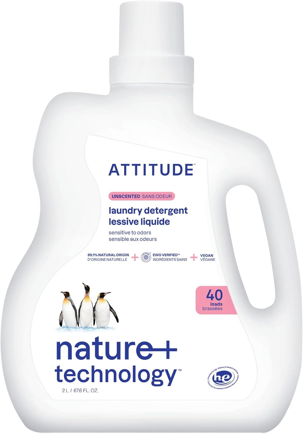 ATTITUDE Liquid Laundry Detergent, EWG Verified, HE Compatible, Plant-Based & Vegan, Natural Laundry Soap, Unscented, 40 Loads, 67.6 Fl Oz