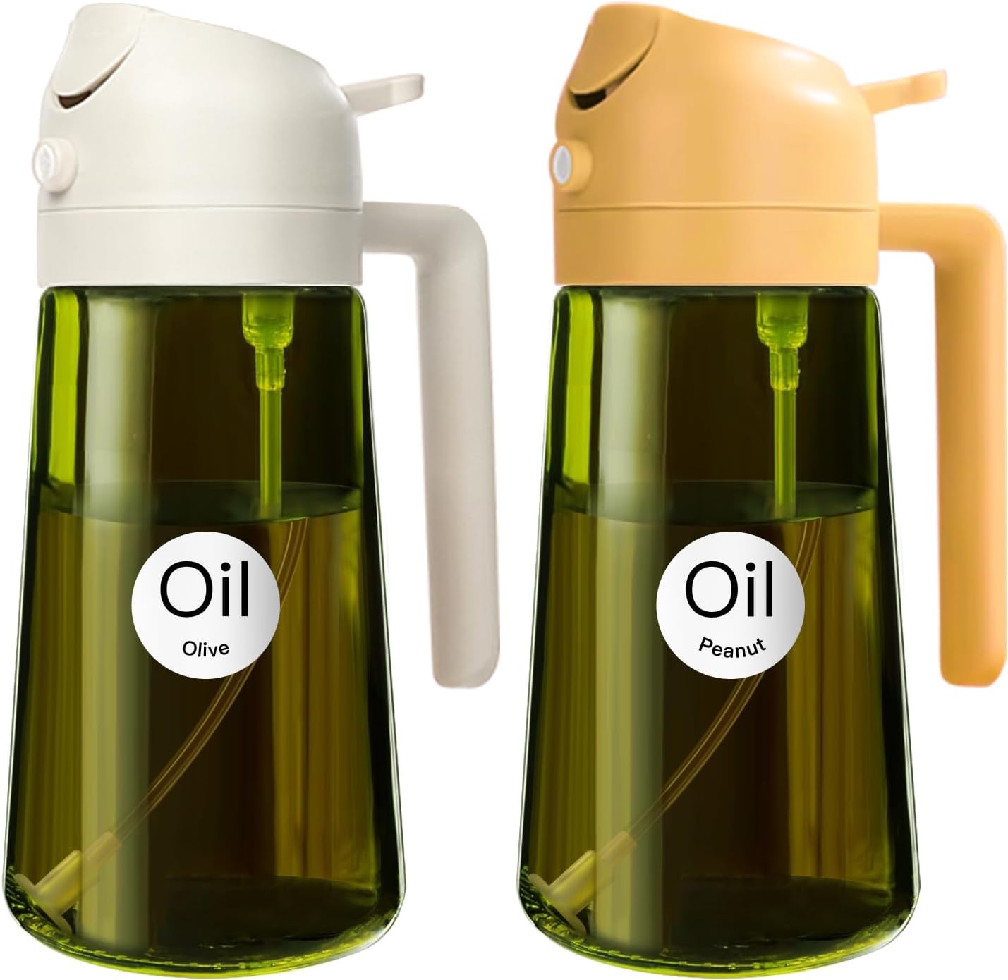 YARRAMATE 2PCS 16oz/470ml Oil Sprayer for Cooking with Stickers, Food-Grade 2 in 1 Olive Oil Dispenser Bottle for Kitchen, Premium Dark Green Glass Oil Bottle for Air Fryer, BBQ(White & Orange)