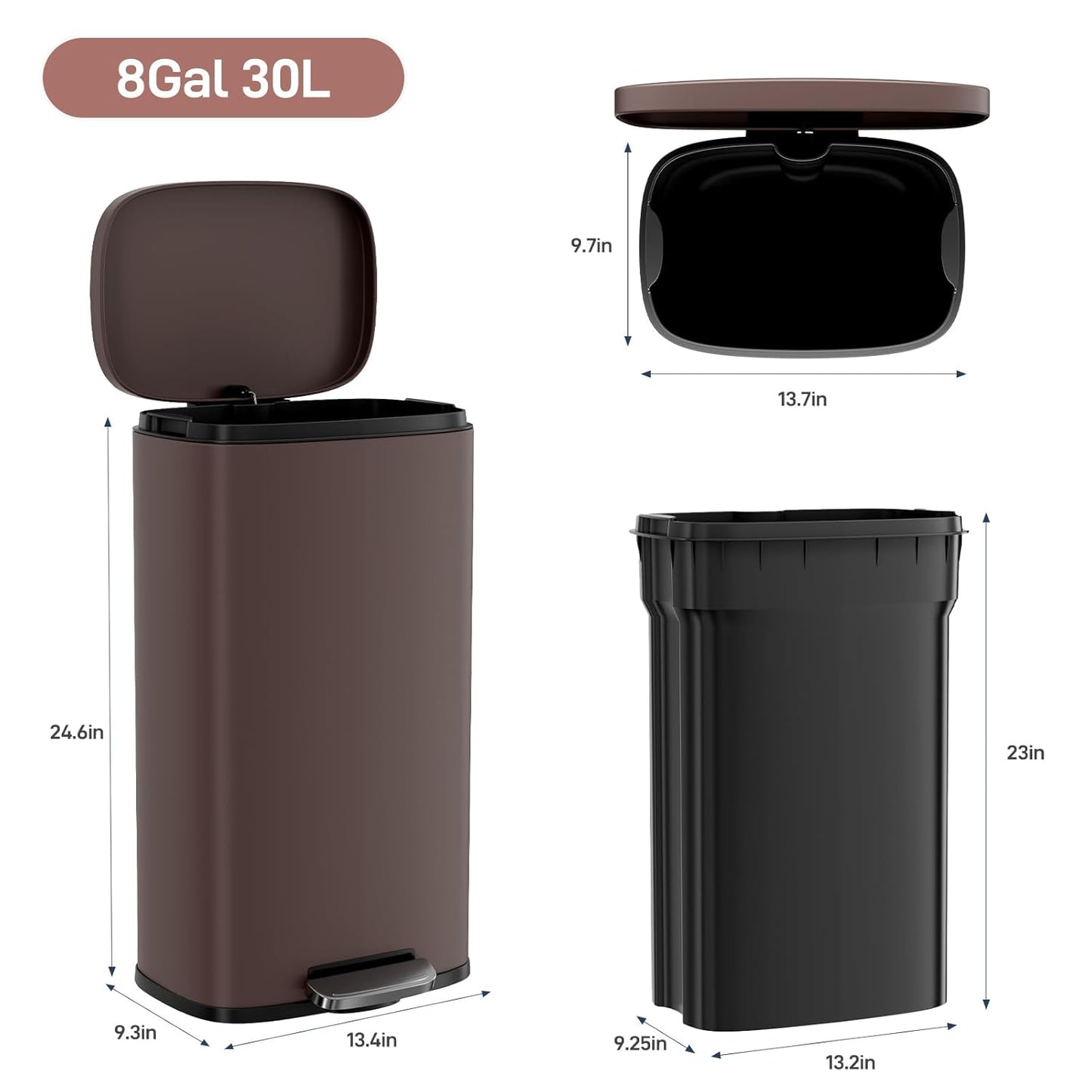 Arlopu 8 Gallon Step Trash Can, Stainless Steel Garbage Bin, Soft-Close Rubbish Bin with Removable Plastic Inner Bucket, Fingerprint-Proof, Lid Dustbin, Suit for Kitchen Home (Brown, 30L)