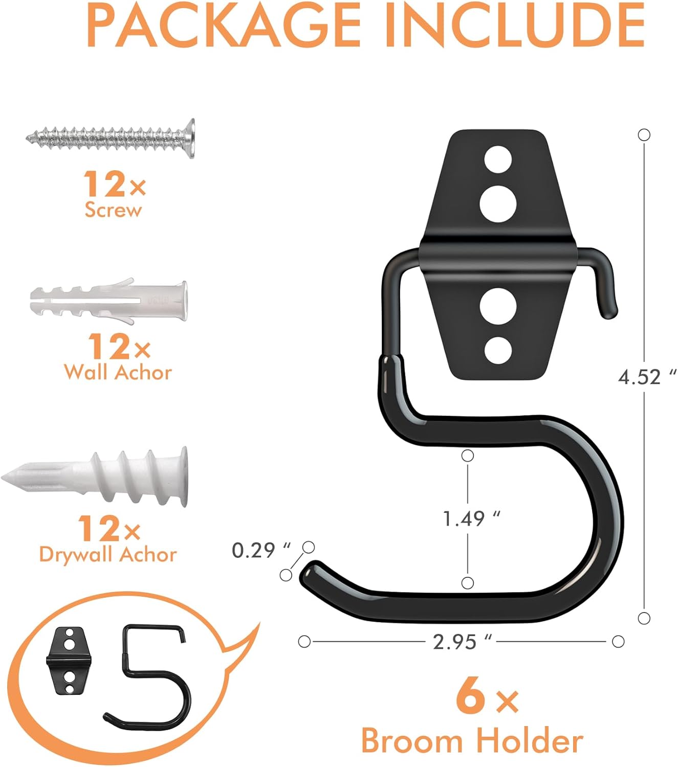 LIGHT DUST Broom Holder Wall Mount - 6 Pack Tool Hangers Garage Wall Hanging Organizer - Heavy Duty Metal Large S Hooks for Mop Shovel Rake Shed Garden Lawn Yard Handle Tools Organization (Black)