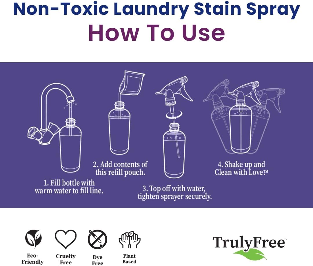 Truly Free Laundry Stain Remover Spray for Clothes - Removes Tough, Dried-In Stains on Whites & Colors -Natural Ingredients - Gentle Yet Powerful - Includes 3 oz Refill & Empty Refillable Bottle