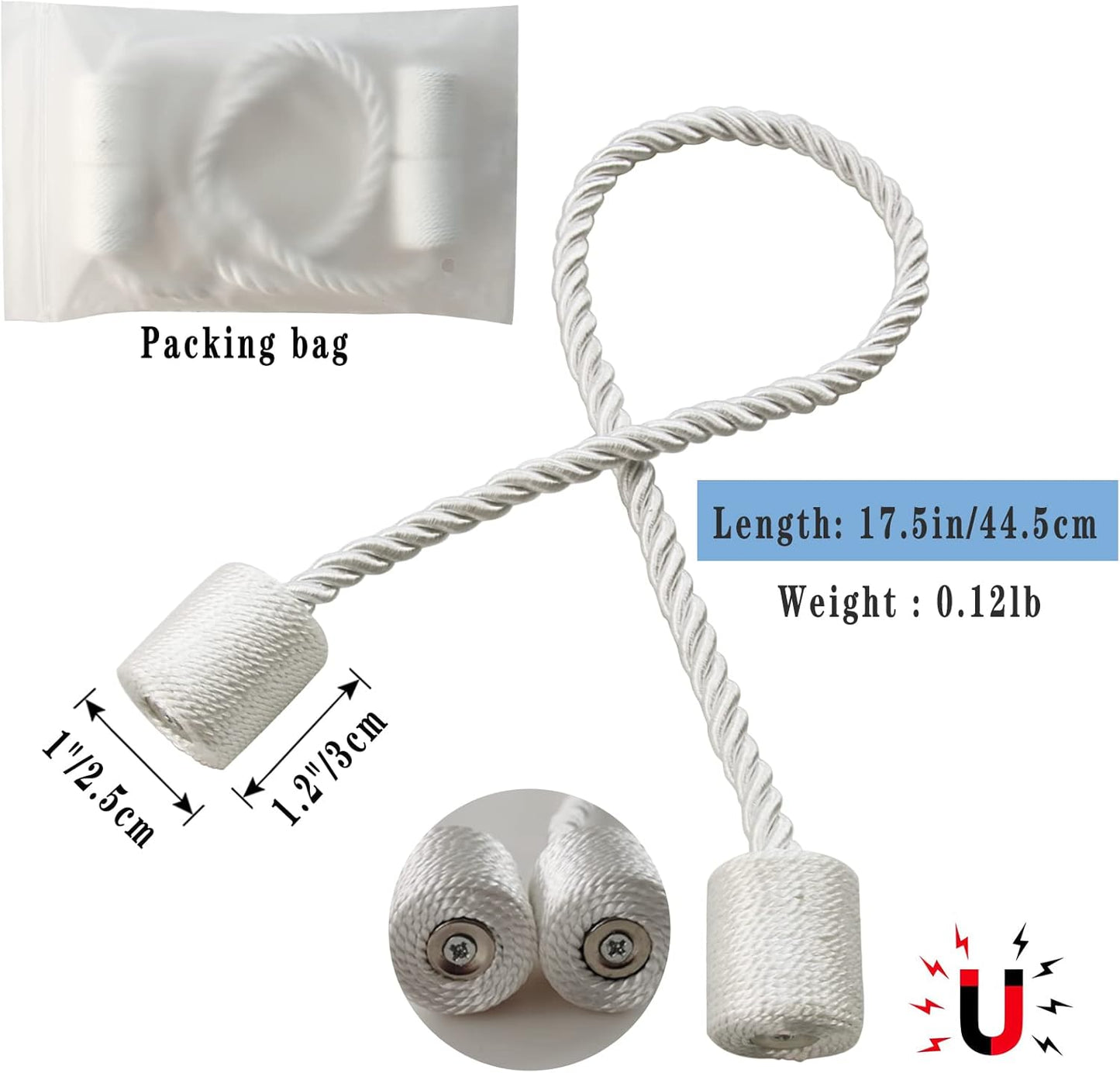 Magnetic Curtain Tiebacks 2 Pack White Rope Tieback Curtains Holders for Drapes Modern Tie Backs Decorative Window Treatment Holdbacks