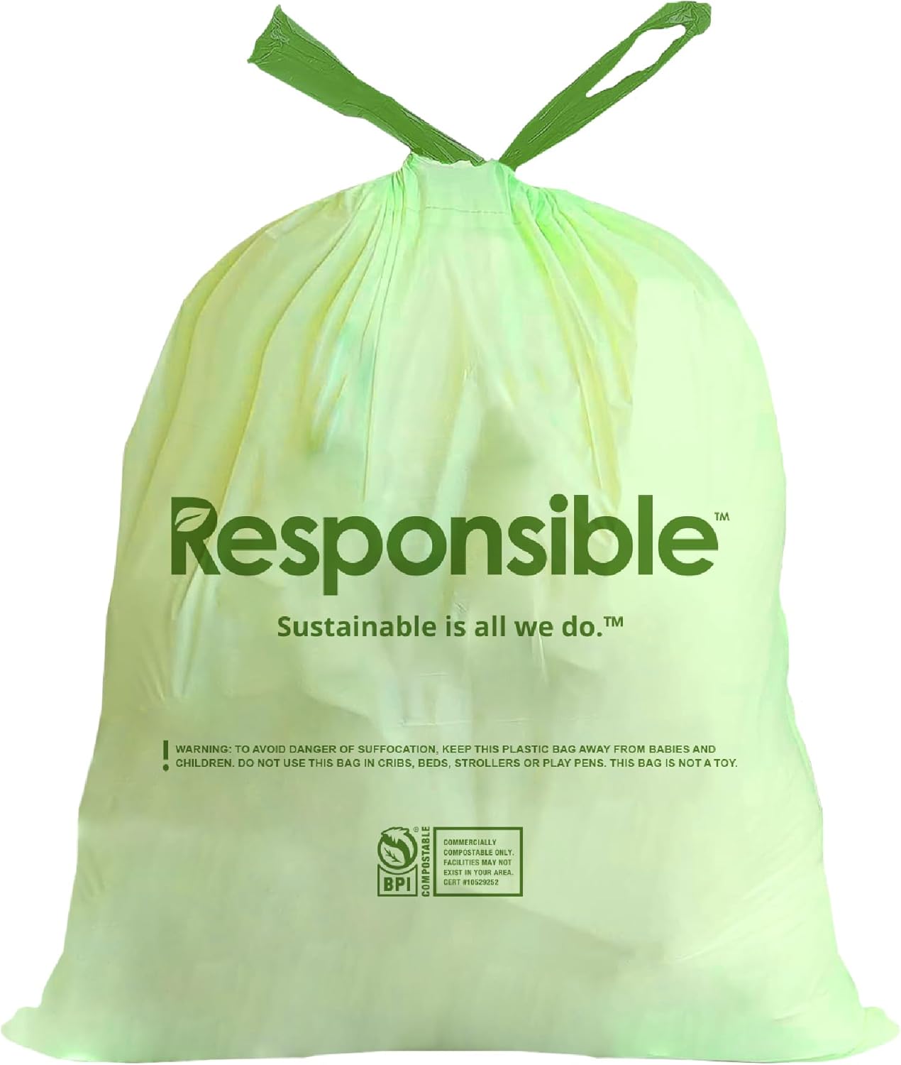 Responsible Products Kitchen Bin Liners, Certified Compostable, Heavy Duty Multipurpose Food Scrap Bags, Made from Compostable Materials (13 Gallon Drawstring, 13 Gallon (100 Count))