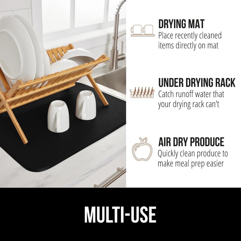 GORILLA GRIP Ultra Water Absorbent Microfiber Dish Drying Mat, 18x24, Quick Dry Thick Mesh, Slip Resistant Pad for Sink Dishes or Under Rack, Kitchen Counter Accessories, Machine Wash Mats, Black