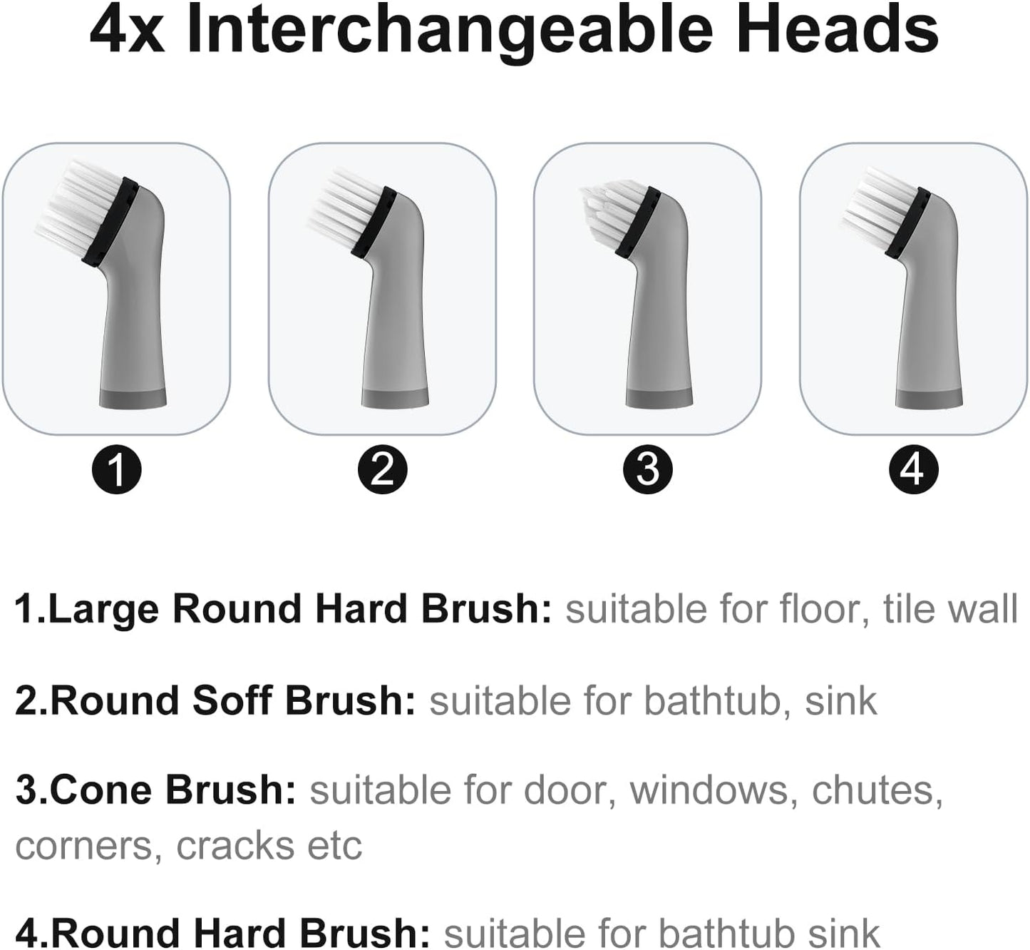 Electric Cleaning Brush with 4 in 1 Multiple Brush Heads, Indoor Household Cordless Motorized Brush for Bathroom Toilet Kitchen Tile Crevice(Black)