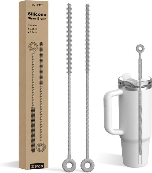 YOTIME Silicone Straw Cleaner Brush, 2 Pcs Reusable Straw Brush(6mm+9mm) for Cleaning Narrow & Wide Straws, Tumblers, Gray