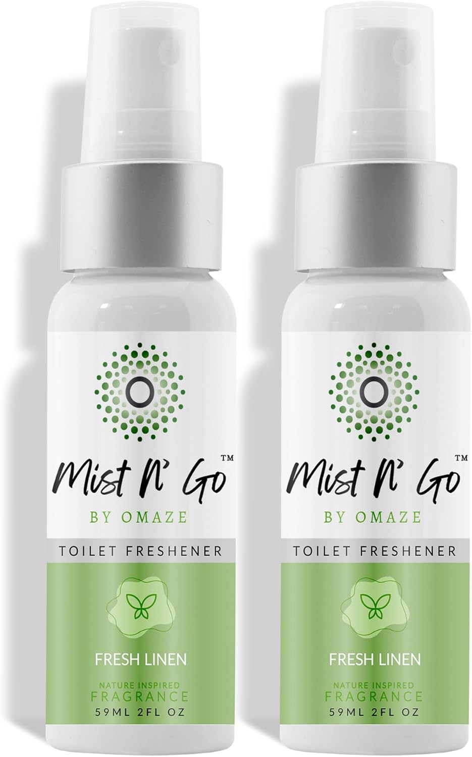 Mist N’ Go by Omaze Travel Bathroom Spray for Toilet Spray Odor Eliminator - Travel Toilet Spray for Bathroom Air Freshener Spray for Bathroom Deodorizer - Fresh Linen Regular Size (2oz x2)