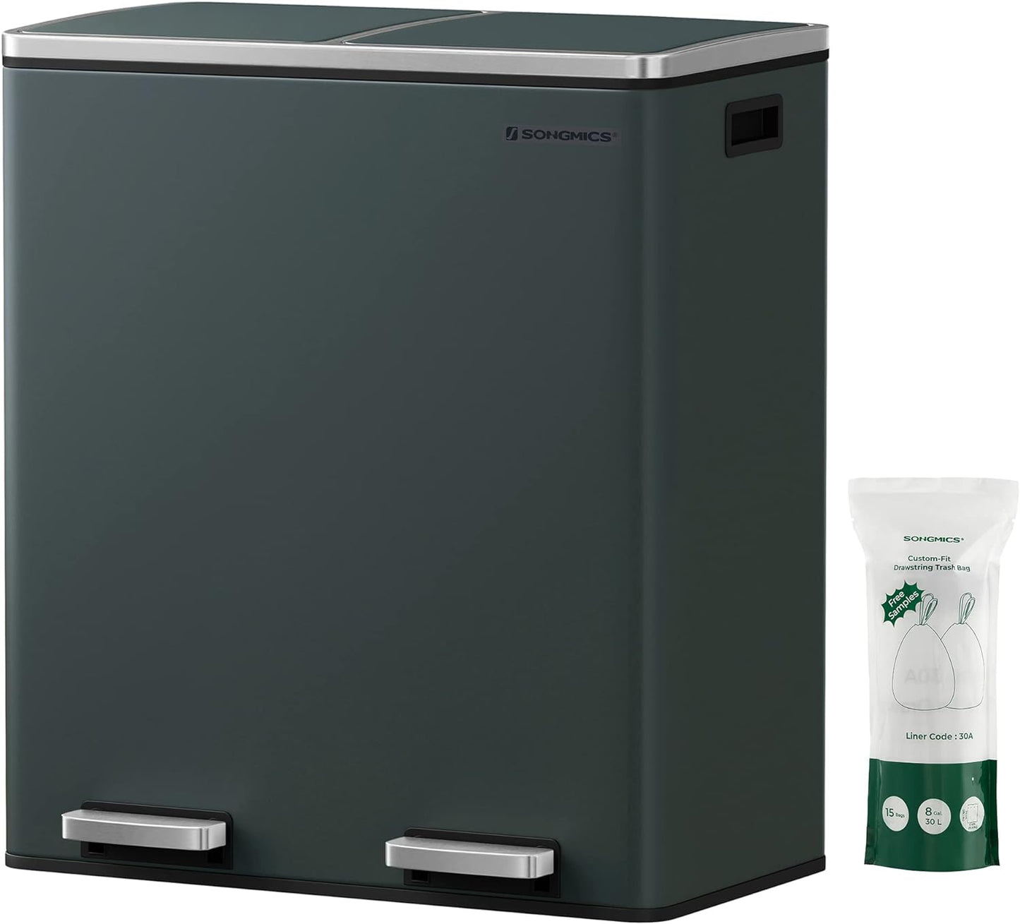 SONGMICS Trash Can, 2 x 8 Gallon (2 x 30 L) Garbage Can for Kitchen, with 15 Trash Bags, 2 Compartments, Plastic Inner Buckets and Hinged Lids, Airtight, Greenish-Gray ULTB60GS02