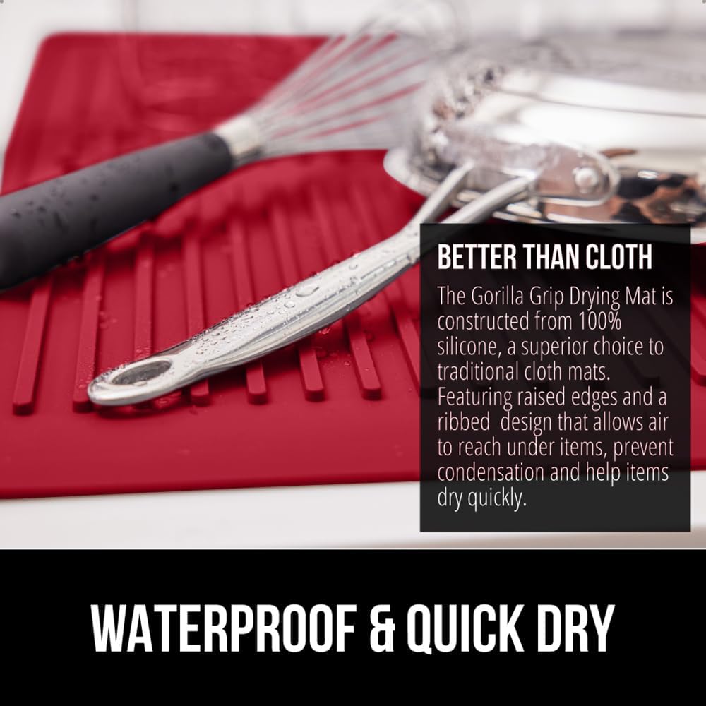 GORILLA GRIP 100% BPA-Free Patented Silicone Dish Drying Mat for Kitchen Counter, 18x24 Inch, Water Catching Ribbed Design, Easy Clean Waterproof Sink Liner, Heat Resistant, Fits Under Rack, Red