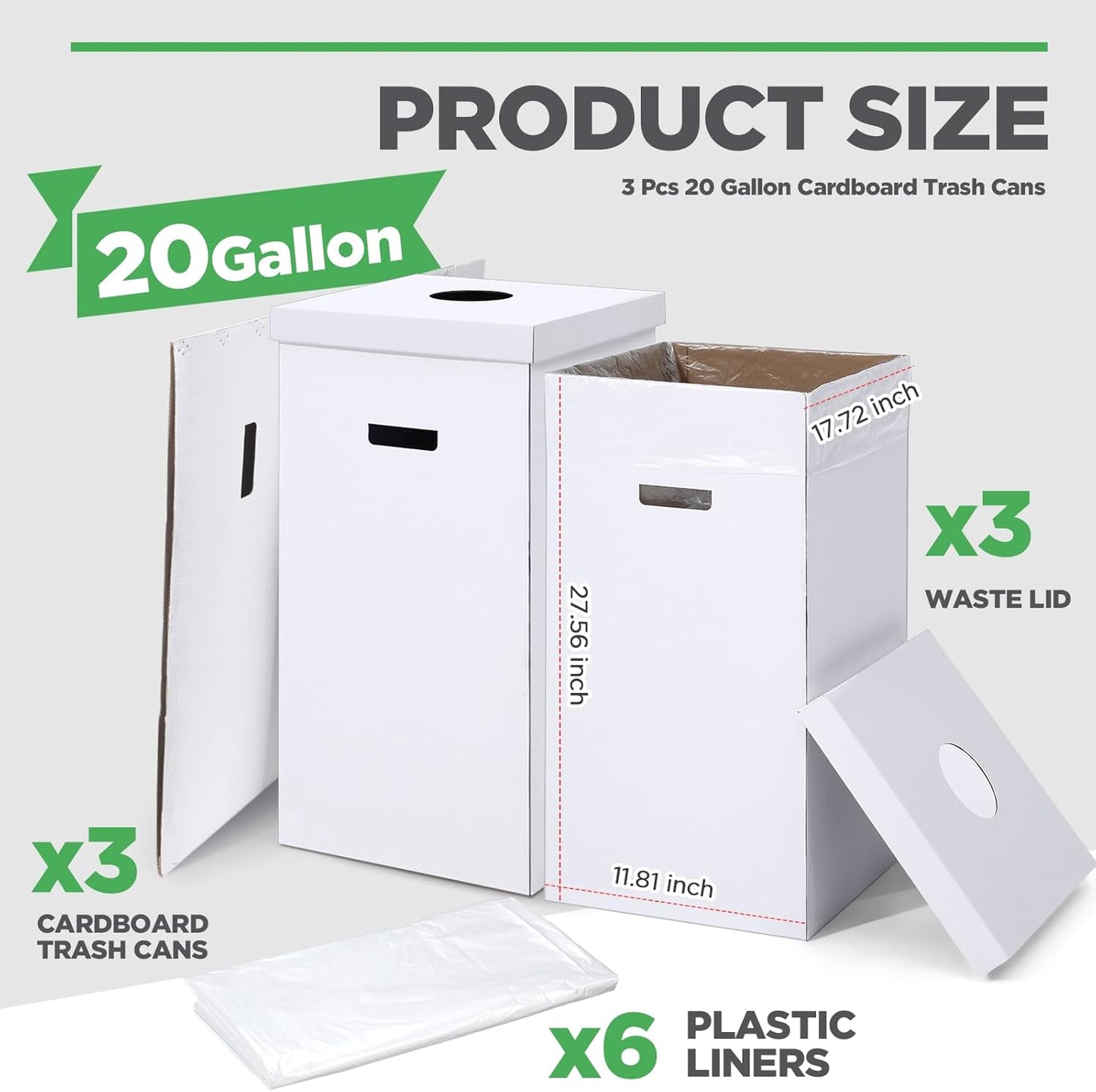 3 Pcs Cardboard Trash Cans with Lid Disposable and Reusable Corrugated Cardboard Trash Cans Recycling Bins Bulk with Garbage Bags White Rubbish Boxes for Parties Events (20 Gallon)