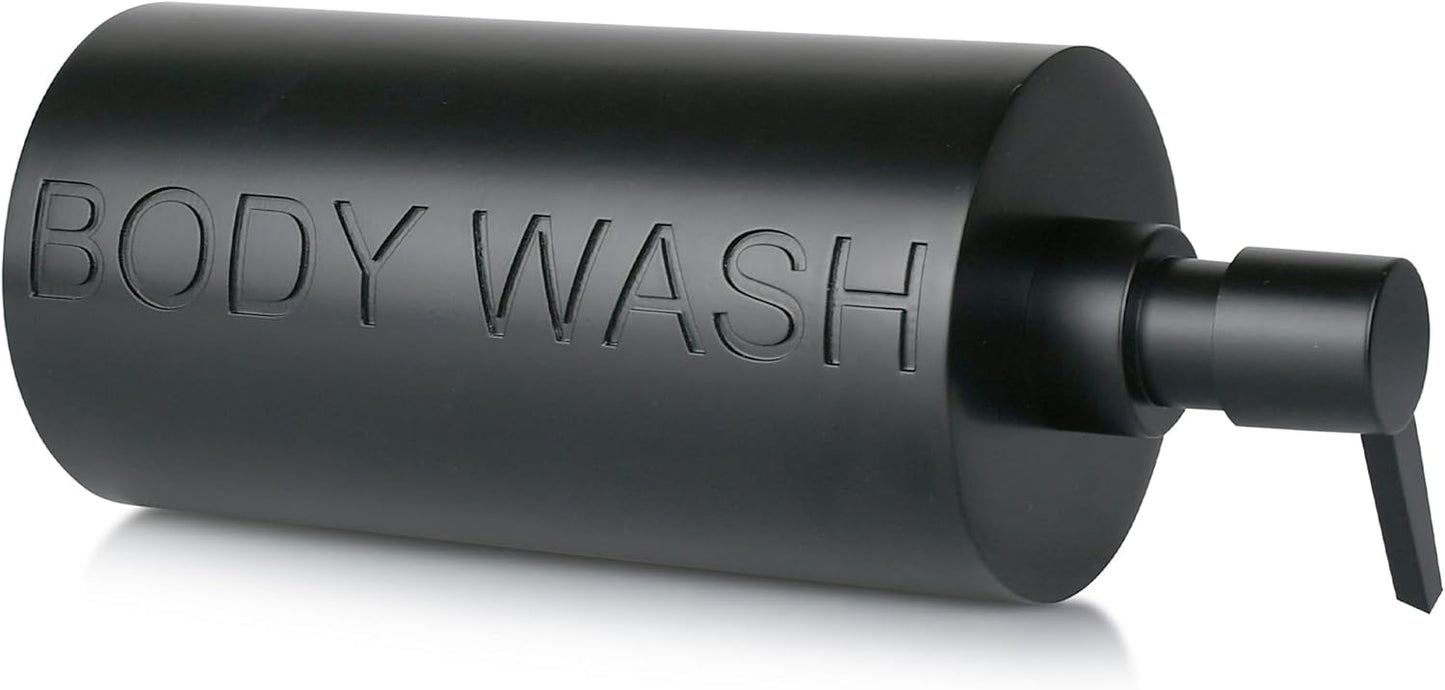 Matte Black Body Wash Dispenser Luxurious Refillable Pump Bottle with Embossed Text, Durable Construction for Bathroom and Shower