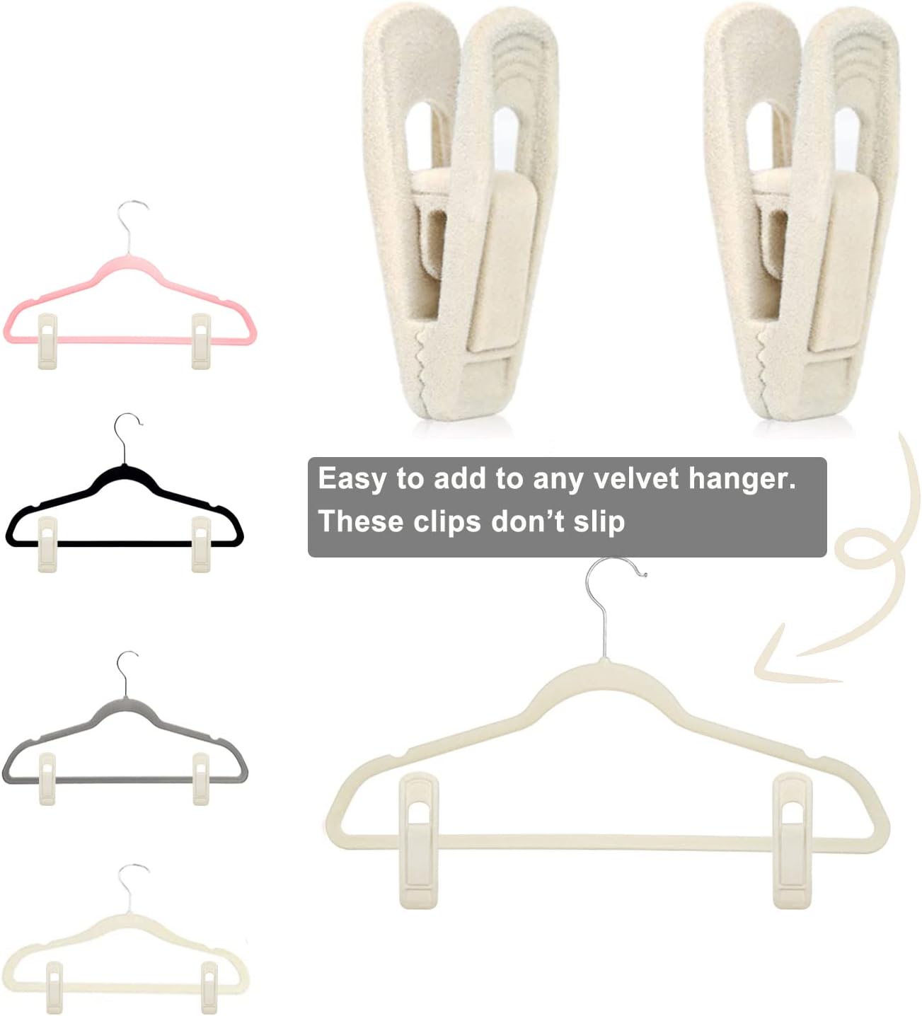 Beige Velvet Hanger Clips (60-Pack), Non-Slip Velvet Clip Work Perfectly for Ivory/Beige Velvet Hangers, Pant Skirt Hanger Velvet Clips Fit for Velvet Clothes Hangers