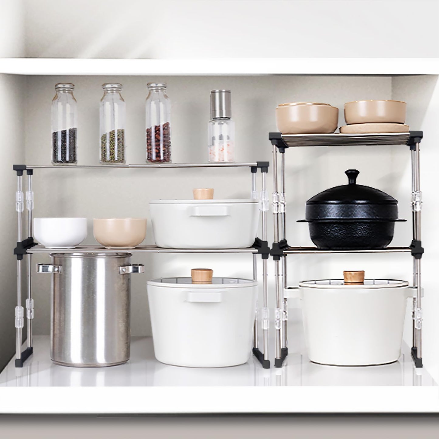 carrotez 2 Pack Expandable Cabinet Organizer, Set of 1 Width & Height-Adjustable Kitchen Cabinet Organizer Shelf, Stackable Kitchen Counter Shelf, 11.8~19.6 x 7.8 x 5.9~9" Black