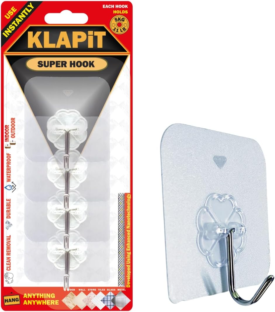 KLAPiT Super Hook - Heavy-Duty Adhesive Wall Hooks, Holds Up to 11 lbs, Waterproof, No Damage, Easy Install on Tile, Wood, Stone, Glass & Metal - Made of Steel (Clear, 4pc)