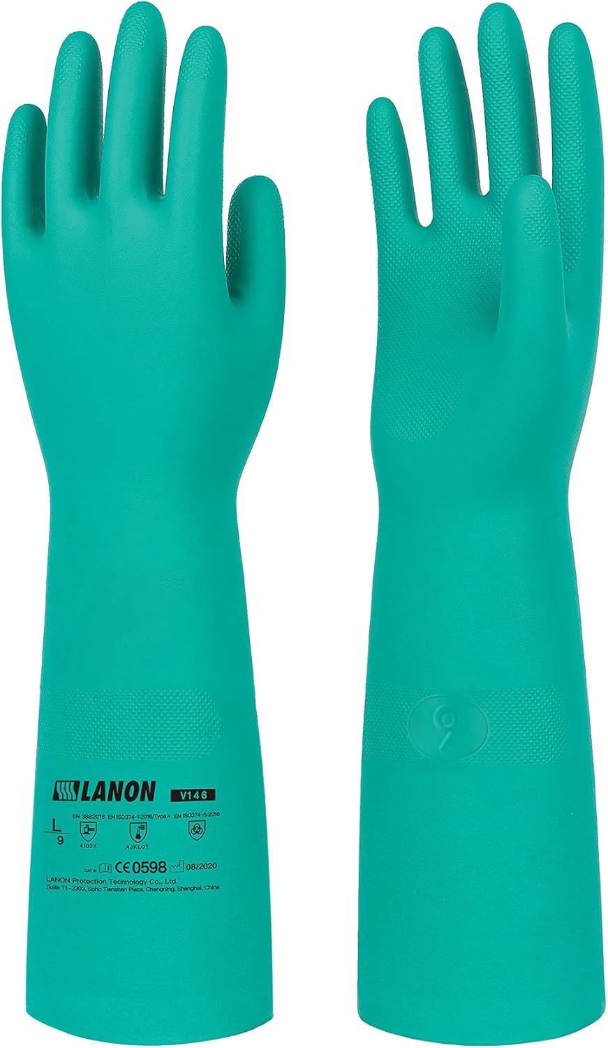 LANON Nitrile Chemical Resistant Gloves, Reusable Heavy Duty Safety Work Gloves, Acid, Alkali and Oil Protection, 18" Length, Non-Slip, Large
