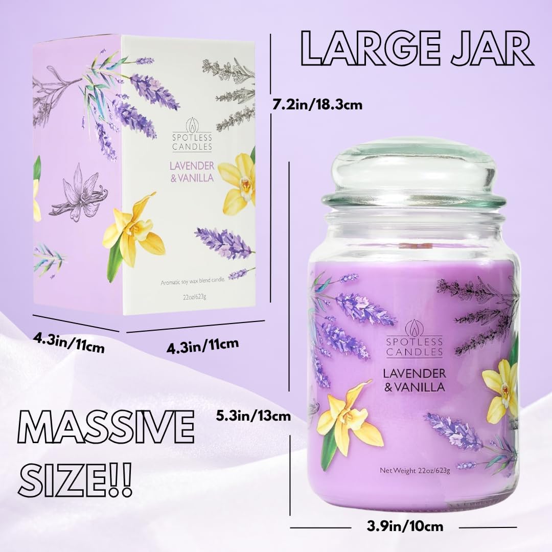 Vanilla & Lavender Candle 22oz Glass Jar with Wooden Wick in a Decorated Jar Within a Presentation Gift Box and Protective Shipping Box