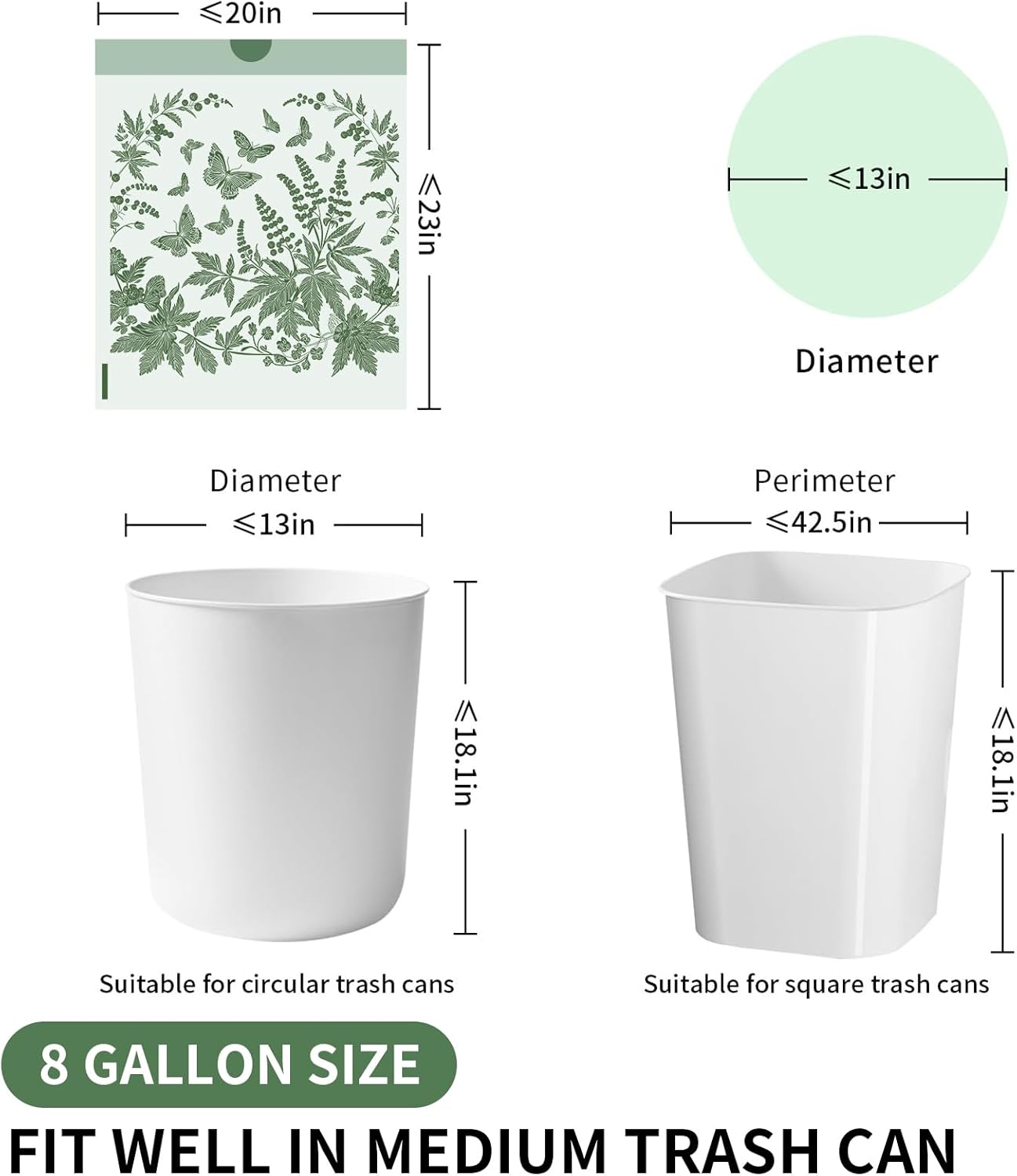 VOK 8 Gallon Trash Bags with Butterfly Printed & Sweet Wormwood Scent, Drawstring Medium Garbage Bags, Tear-Resistant & Fragrant Trash Can Liners, Trash Bags 8 Gallon for Home/Office, 25 Counts