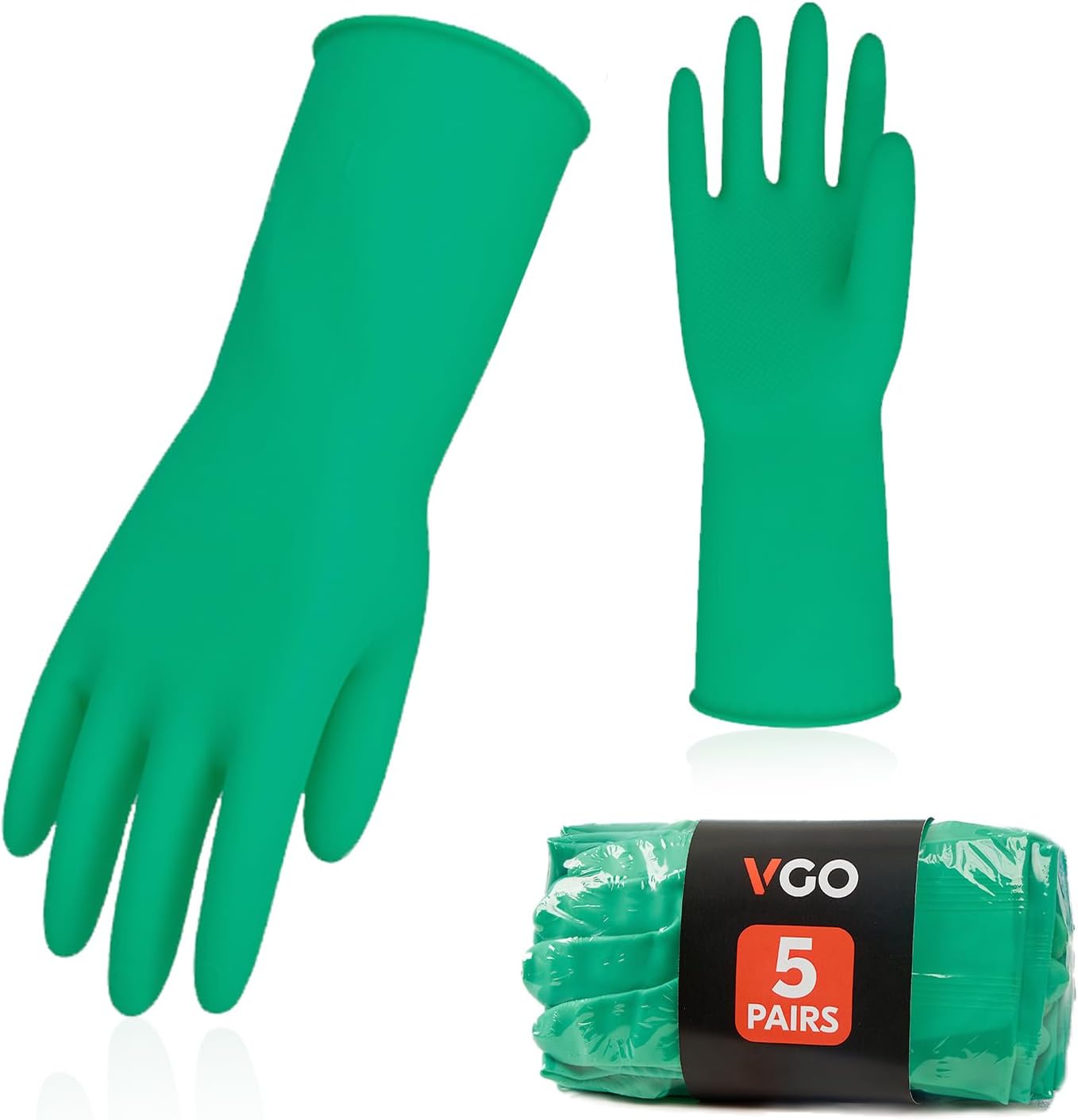 Vgo... 5-Pairs Reusable Household Gloves, Rubber Dishwashing gloves, Extra Thickness, Long Sleeves, Kitchen Cleaning, Working, Painting, Gardening, Pet Care (Size XL, Green, HH4601)