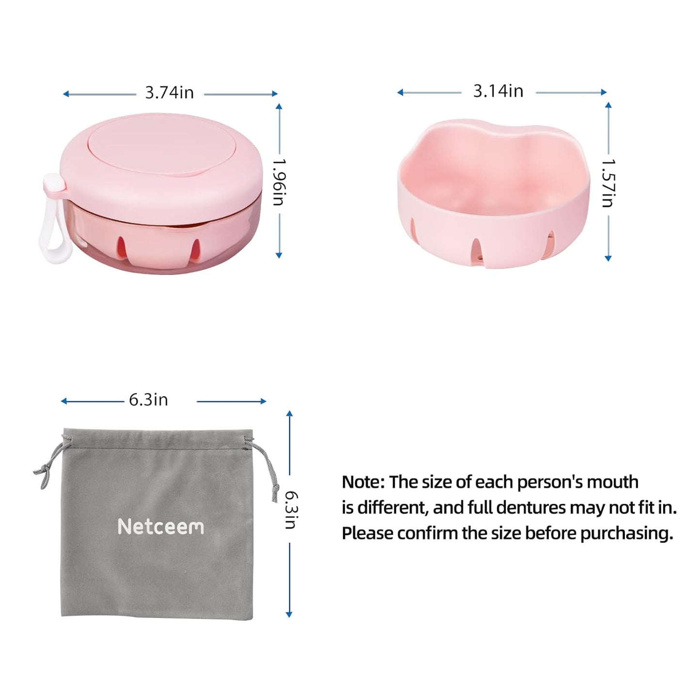 Leak Proof Denture Cup Kit Portable Retainer Case Perfect for Travel, Denture Case Container Cleaning Care for Dentures Aligner Mouth Guard with Denture Brush,Strainer, Removal Tool and Mirror
