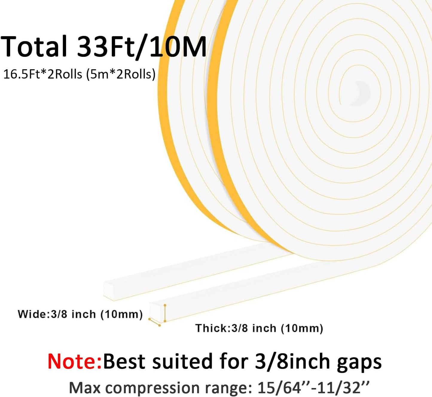 Door Weather Stripping for Doors and Window, Window Insulation Door Seal Tape, Self Adhesive Foam Gasket Tape, Foam Seal Strip Sliding Door Weather Strip, Energy-saving(3/8 in x 3/8 in x 33Ft)