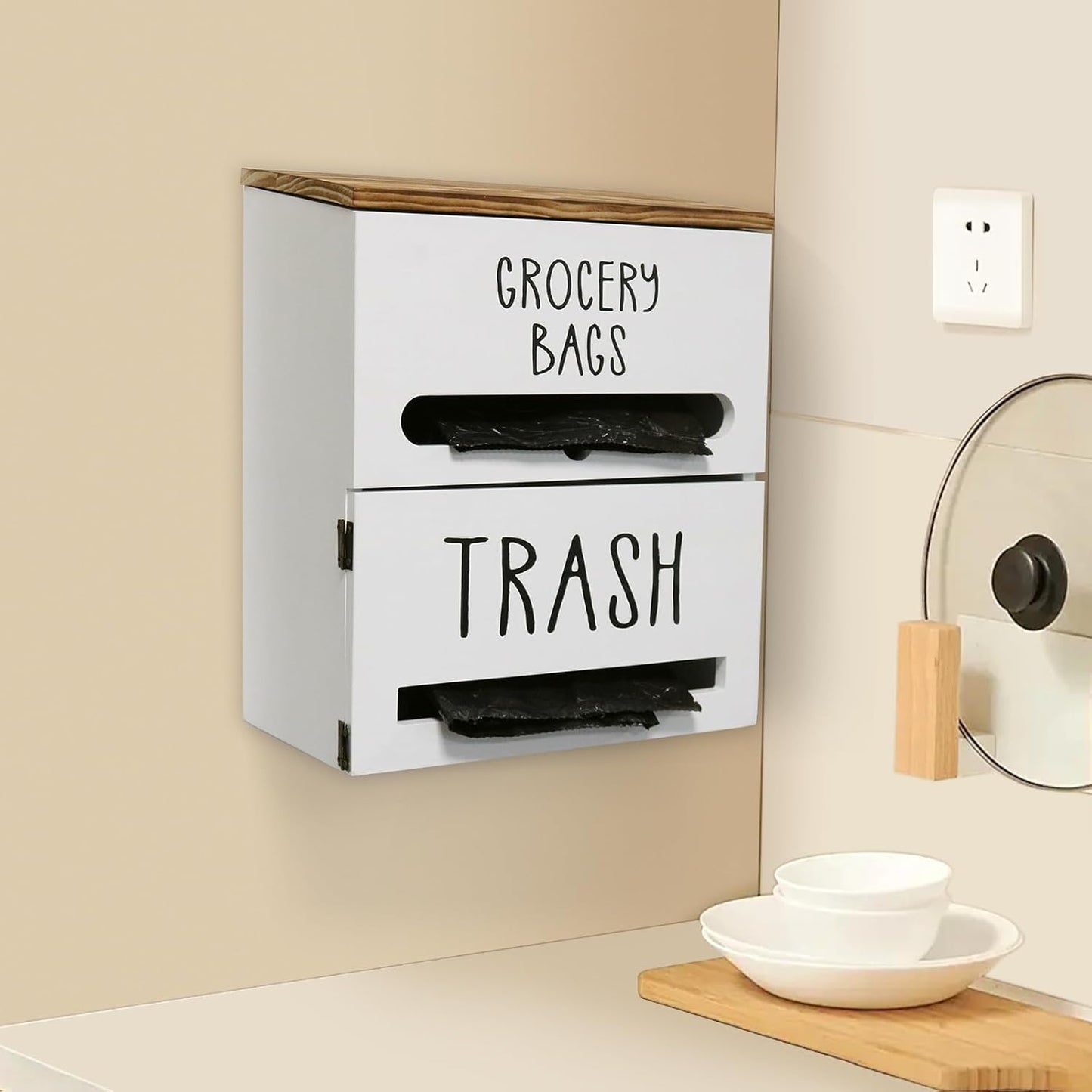 2 in 1 Trash Bag Dispenser, Double Wall Mounted,Wood Trash Bag Holder, used in kitchen, garage, laundry room, can store Environmentally friendly food bags and garbage bags (White)