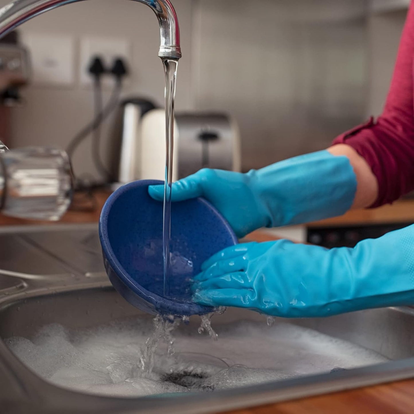 Bamllum 2 Pairs Reusable Kitchen Gloves for Washing Dishes - Nitrile Rubber Dishwashing Gloves, Reusable Household Cleaning Gloves, Flexible Durable & Non-Slip (Medium, Green+Blue)