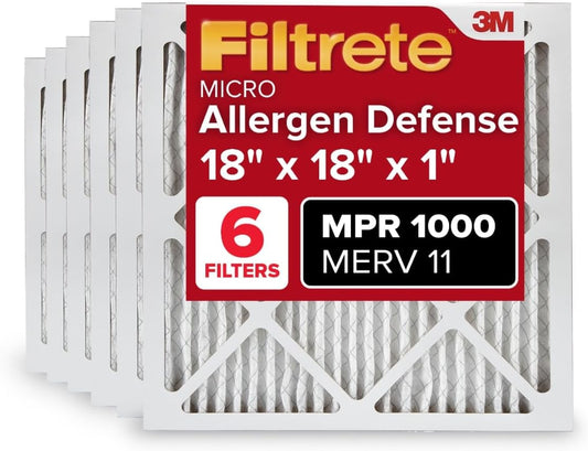 Filtrete 18x18x1 AC Furnace Air Filter, MERV 11, MPR 1000, Micro Allergen Defense, 3-Month Pleated 1-Inch Electrostatic Air Cleaning Filter, 6 Pack (Actual Size 17.81x17.81x0.81 in)