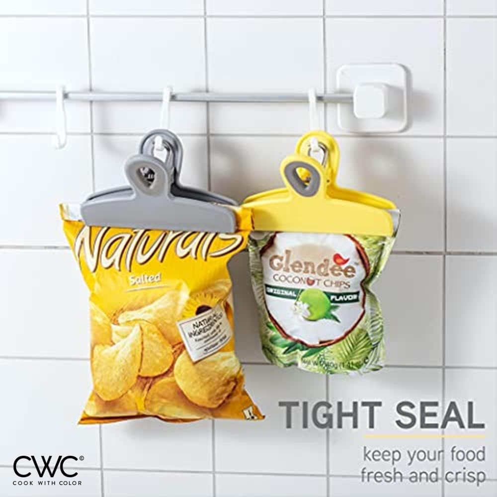 COOK WITH COLOR Bag Clips - Heavy Duty Chip Clip & Refrigerator Magnet for Food Storage with Air Tight Seal Grip, Yellow & Grey, 2 Large & 16 Small