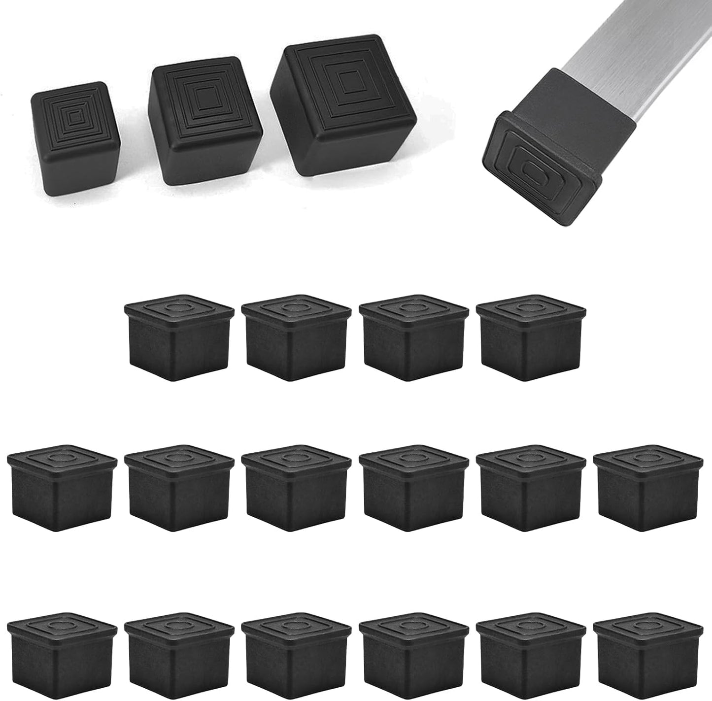 16 Pcs 3/4" x 3/4" Square Rubber Chair Leg Caps, PVC Table Leg Covers, Flexible & Anti-Slip Furniture Leg End Caps, Chair Leg Floor Protectors for Bar Stool Leg Patio Indoor, Black