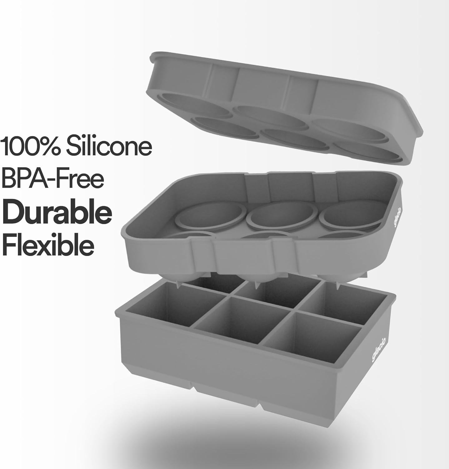 glacio Silicone Ice Cube Trays – Large Silicone Molds for 2-Inch Ice Cubes and Spheres Whiskey Ice Cube Trays with Lids for Cocktails & Bourbon – Set of 2