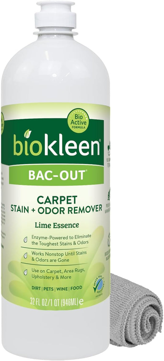 Biokleen Bac-Out Natural Stain Remover for Clothes - Use on Laundry, Diapers, Wine, Carpets, and More, Enzymatic, Plant-Based, 32 Oz With Micro-Fiber Cleaning Towel Included