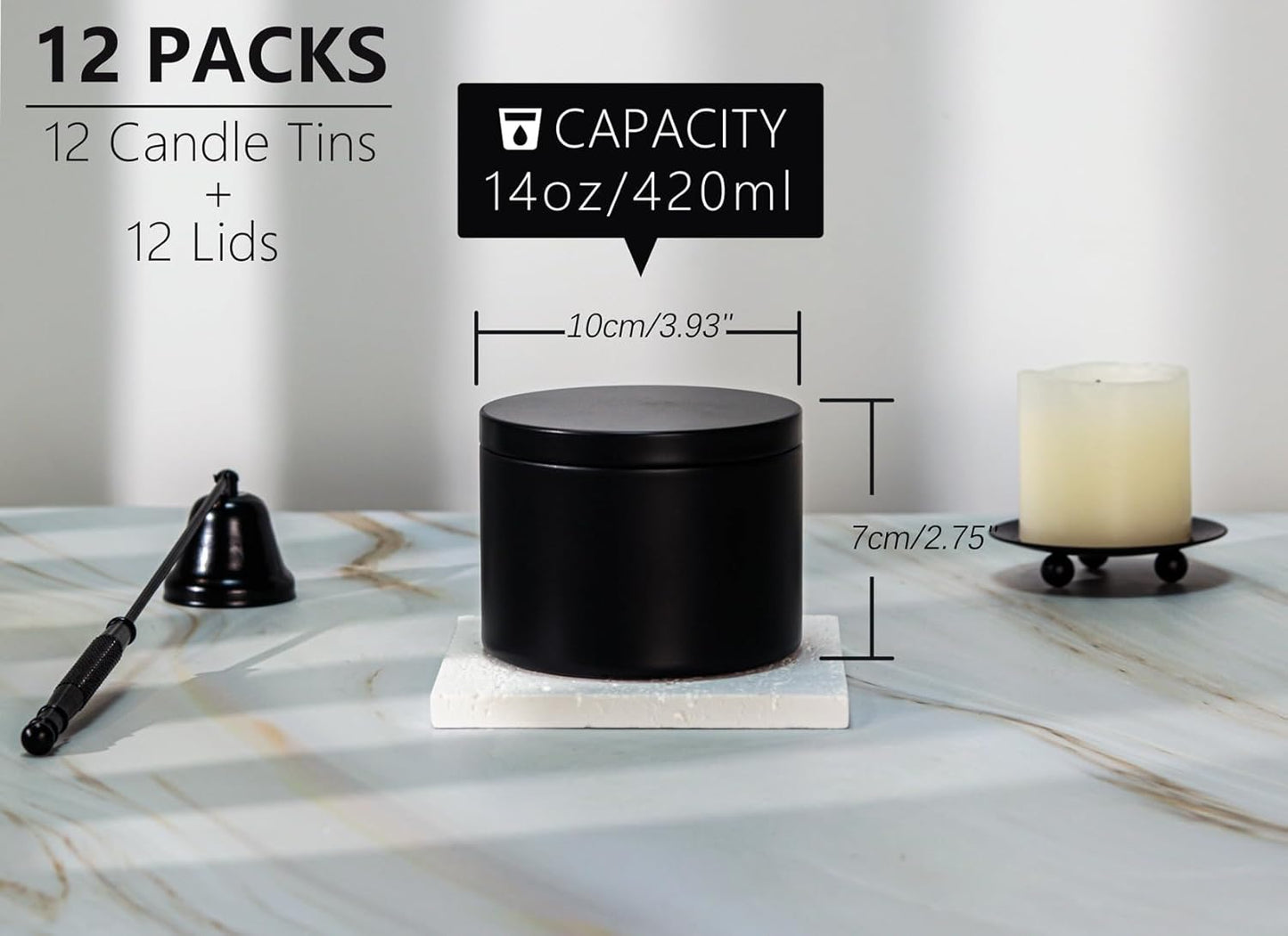 Candle Tins with Lids, 3 Wicks Candle Jars 14oz/420ml Candle Containers 12 Pack Seamless Bulk Candle Containers for Candle Making Supplies Wholesale Empty Candle Jars - Black
