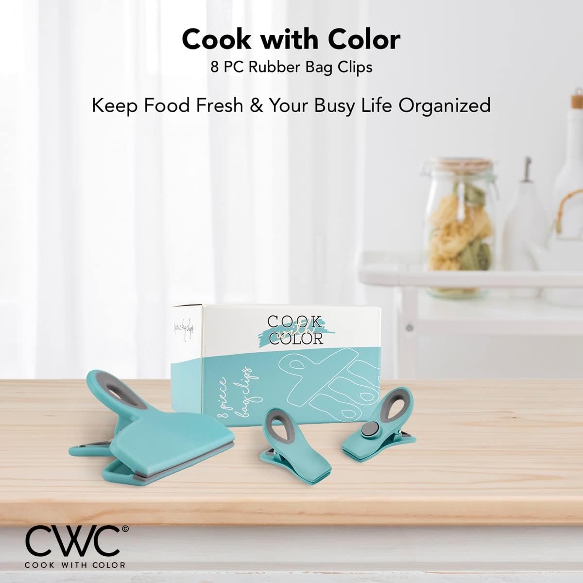 COOK WITH COLOR Bag Clips - Heavy Duty Chip Clip and Refrigerator Magnet Clips for Food Storage with Air Tight Seal Grip, Teal, Pack of 8