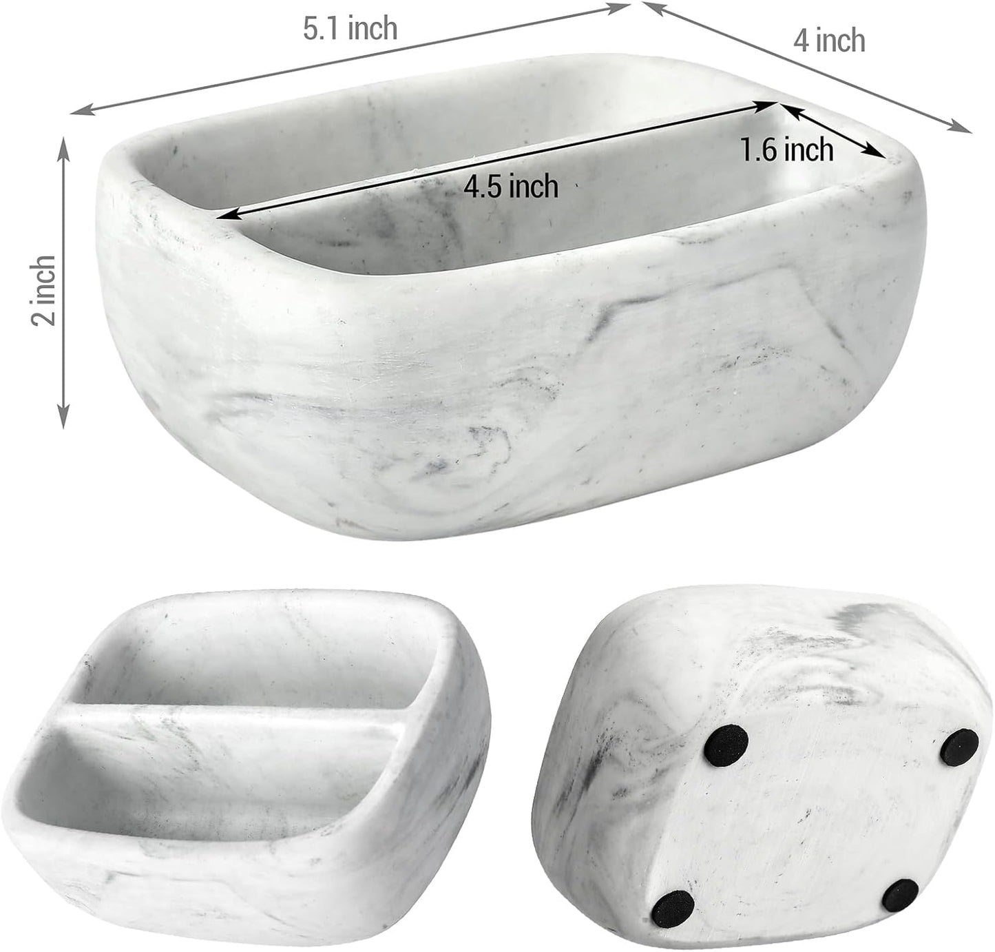 MyGift Modern White Resin Sponge Holder for Kitchen Sink, Countertop Dish Sponge Holder with 2 Compartments and Marble Pattern