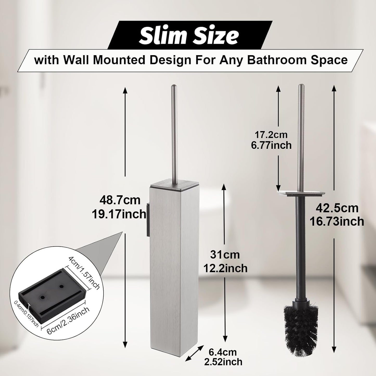 BGL Toilet Brush and Holder Set Brushed Nickel Wall Mounted for Bathroom Square Design