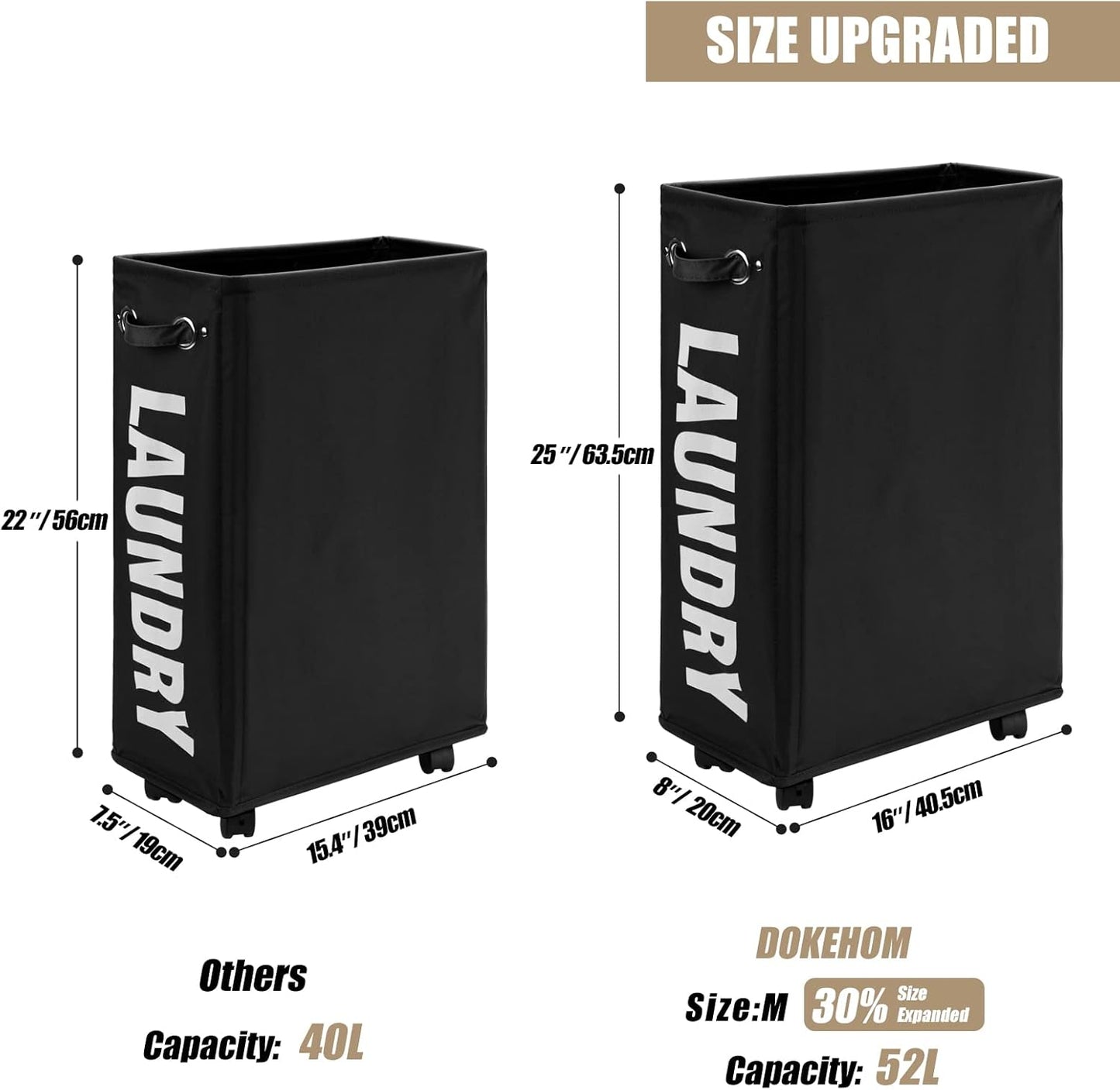 DOKEHOM 25-Inches Slim Laundry Basket on Wheels, Collapsible Rolling Laundry Hamper, Foldable Narrow Corner Clothes Storage Bins (Black)