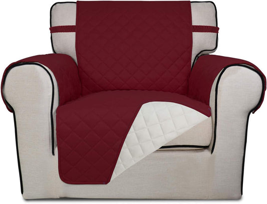 PureFit Reversible Quilted Sofa Cover, Water Resistant Slipcover Furniture Protector, Washable Couch Cover with Non Slip and Elastic Straps for Kids, Pets (Chair, Red/Ivory)