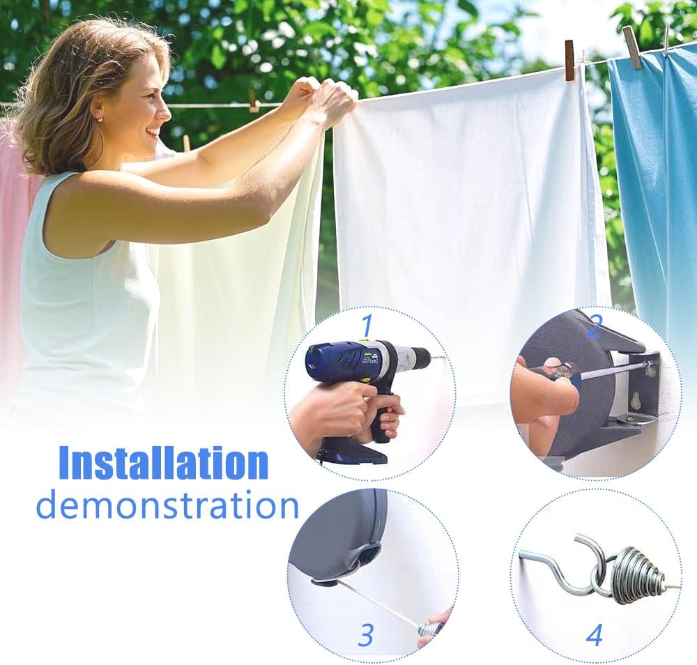 Retractable Clothesline Used to Outdoor，49 feet (15 Meters) PVC Line Retracting，Including 12 pcs ClothesPins，Wall Mounted Retractable Laundry Line for Drying Clothes