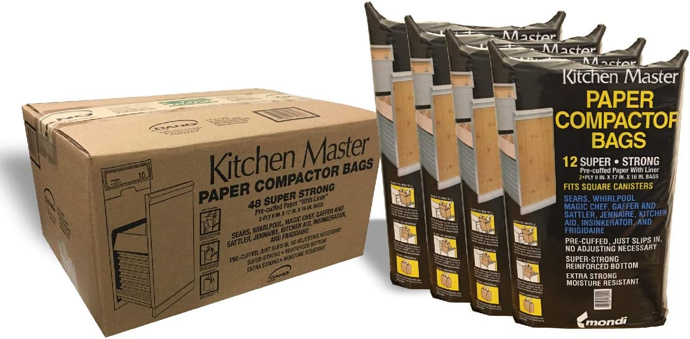 Kitchen Master Super Strong Compactor Bags (48 Pack) | Precuffed, Garbage Compactor Bags, Hardware for Kitchens, Paper Trash Bag, Kitchen Essential, Paper & Plastic Lined