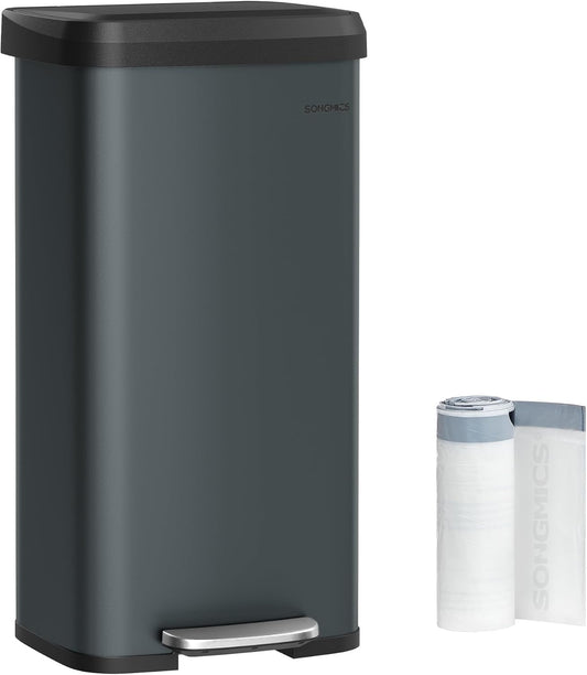 SONGMICS Kitchen Trash Can, 18-Gallon Stainless Steel Garbage Can, with Stay-Open Lid and Step-on Pedal, Soft Closure, Tall, Large and Space-Saving, Charcoal Gray and Black ULTB520G01