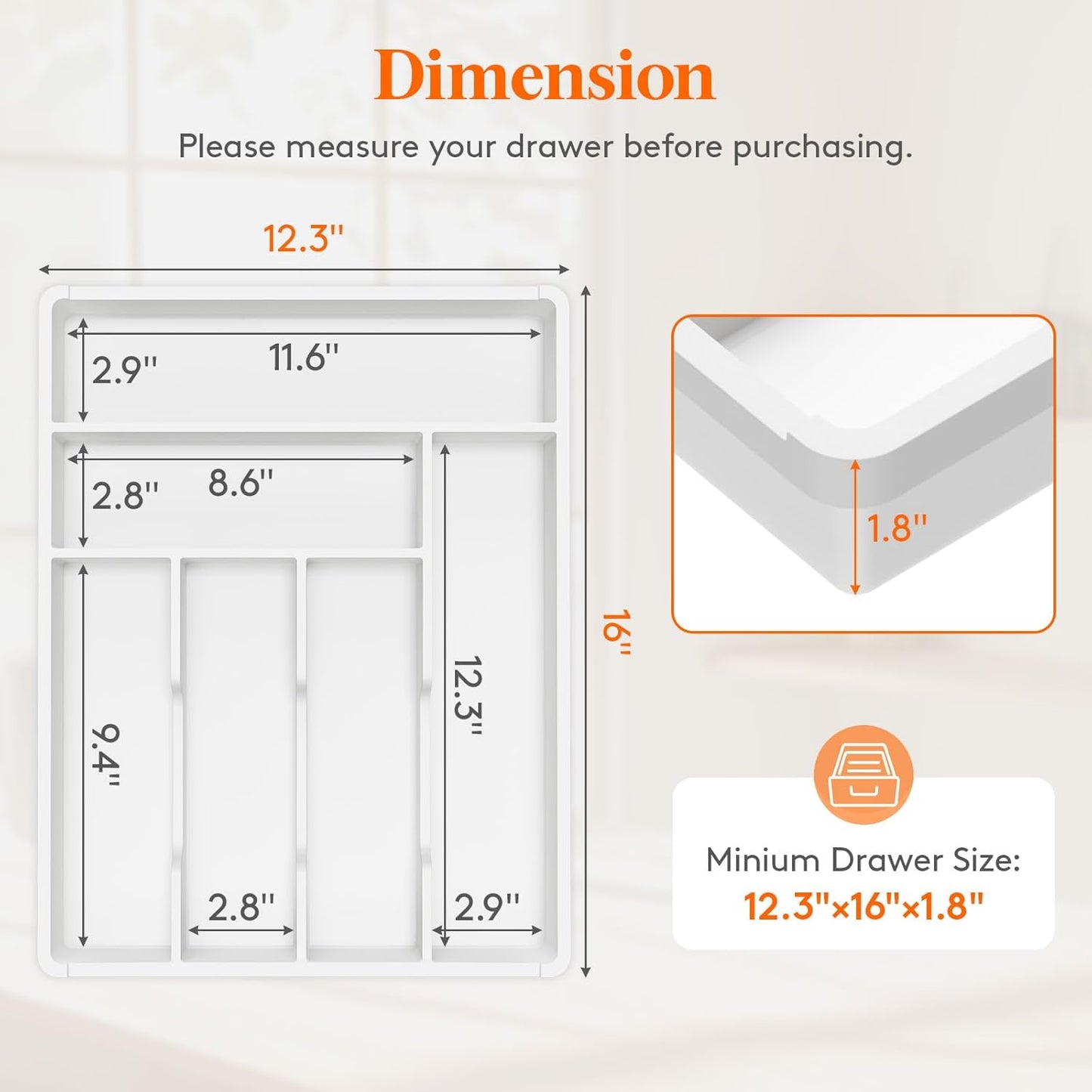 Lifewit Silverware Tray, Deep Wide Cutlery Drawer Organizer Storage for Kitchen, Plastic Flatware Utensil Holder Divider for Spoons Forks Knives Tableware, 6 Compartment, White