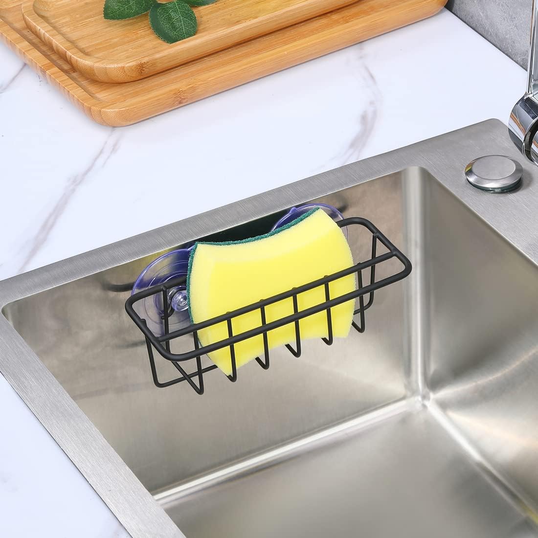Sink Caddy Sponge Holder for Kitchen Sink Dish Cloth Hanger 2 Suspension Options(Suction Cups and Adhesive Hook), SUS304 Stainless Steel, Black