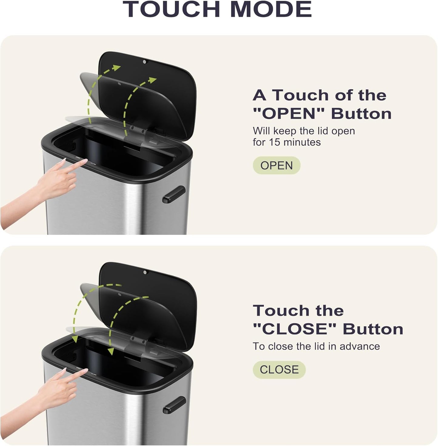 16 Gallon Kitchen Trash Can with Lid, 60L Touchless Motion Sensor Trash Can, Waterproof Brushed Stainless Steel Trash Bin, Automatic Garbage Can for Bedroom, Bathroom, Office, Living Room