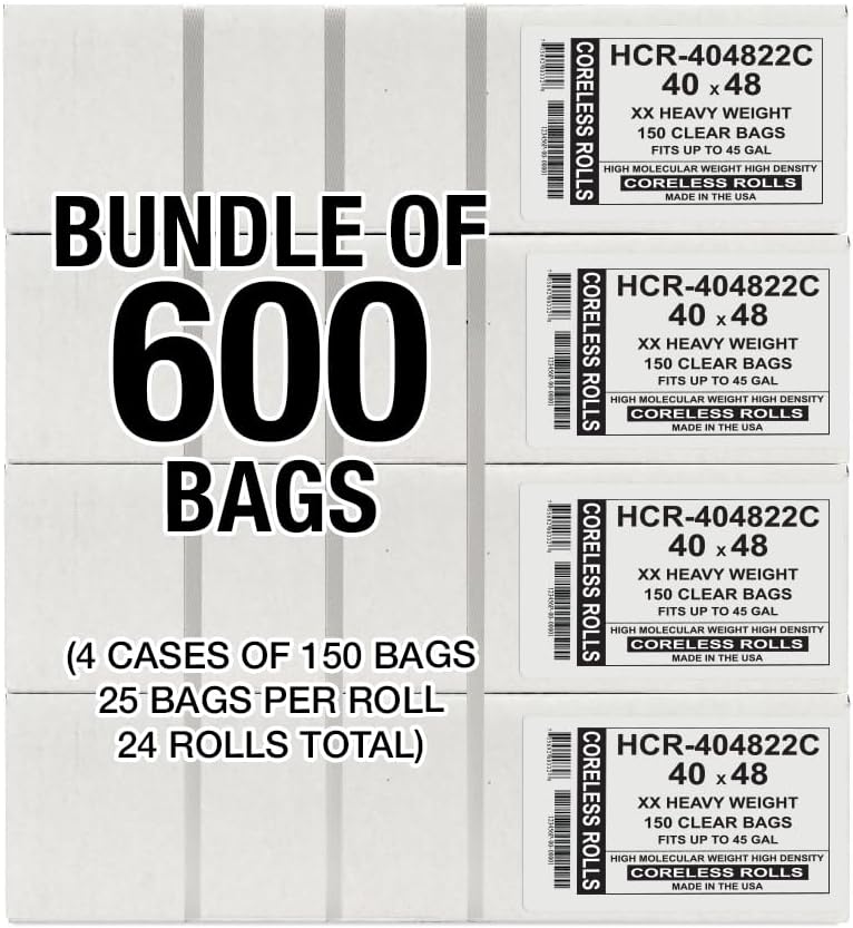 Aluf Plastics High Density Trash Bags, 45 Gallon, 600 Count, 22 Micron (eq), 40" x 48", Clear, for Bathroom, Office, Industrial, Commercial, Janitorial, Municipal, Recycling