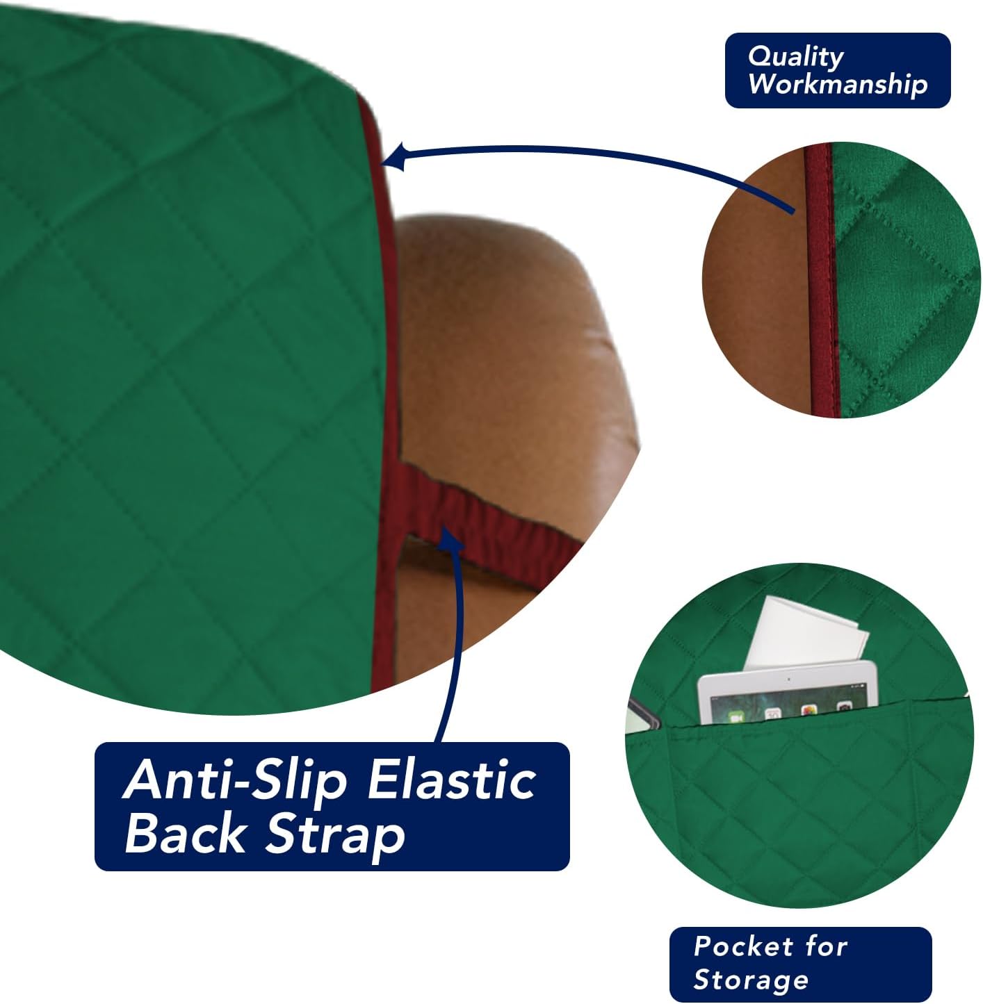 PureFit Reversible Quilted Sofa Cover, Water Resistant Slipcover Furniture Protector, Washable Couch Cover with Non Slip and Elastic Straps for Kids, Dogs, Pets (Oversized Recliner, Green/Red)