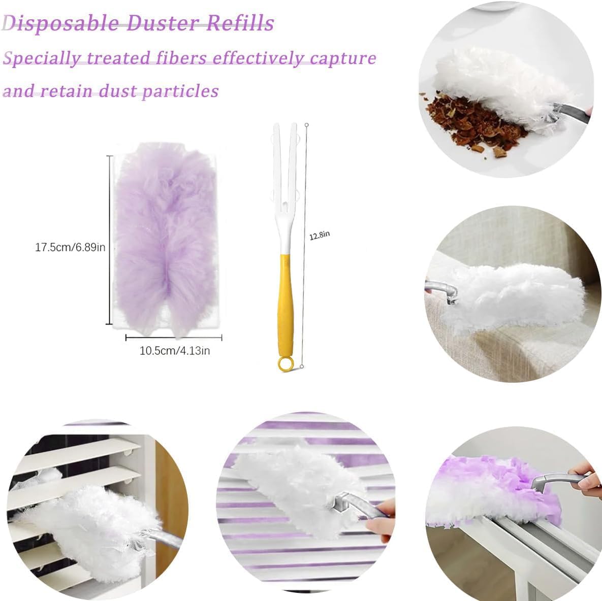 Duster Refills Compatible with Swiffer Duster, Heavy Duty Multi Surface Duster Replacement with 1 Extra Handle for Cleaning Furniture, Blinds, Ceiling Fans and Car (Purple-50Pack)