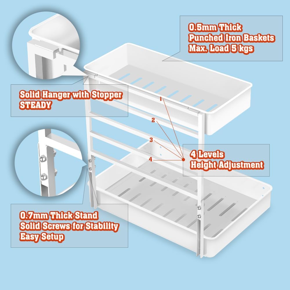 EVERIE Height Adjustable 2 Tier Metal Pull Out Slide Shelf Organizer for Framed or Frameless Under Sink Cabinets in Kitchen, Bathroom, with Snap-on Top Tray (White, 2 Sets)