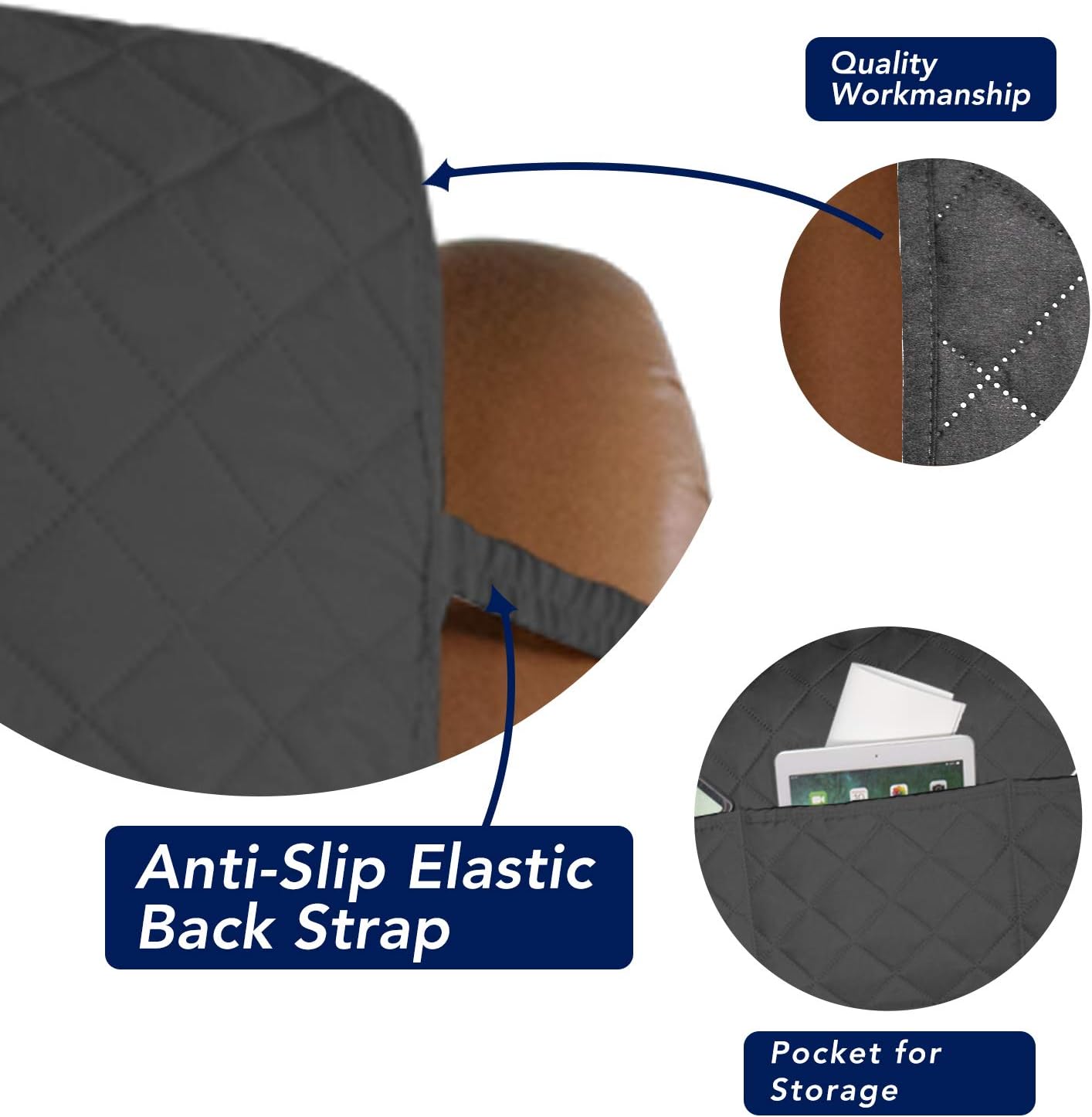 PureFit Reversible Quilted Sofa Cover, Water Resistant Slipcover Furniture Protector, Washable Couch Cover with Non Slip and Elastic Straps for Kids, Dogs, Pets (Oversized Recliner, Dark Gray/Beige)