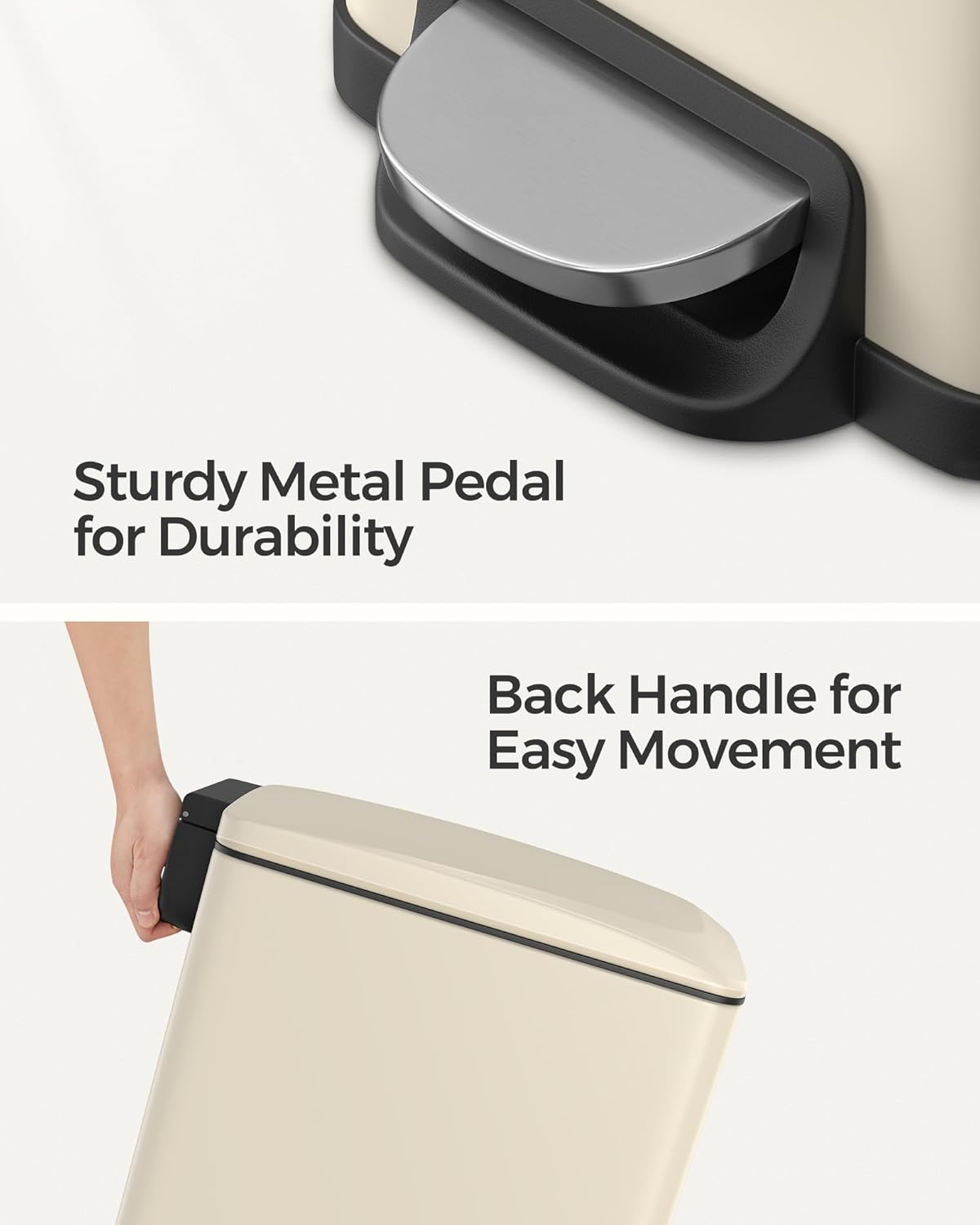 SONGMICS Slim Trash Can, 13-Gallon (50 L) Garbage Can for Narrow Spaces with Soft-Close Lid, Inner Bucket, and Step-on Pedal, Stainless Steel, 15 Trash Bags Included, Sand Beige ULTB510A01