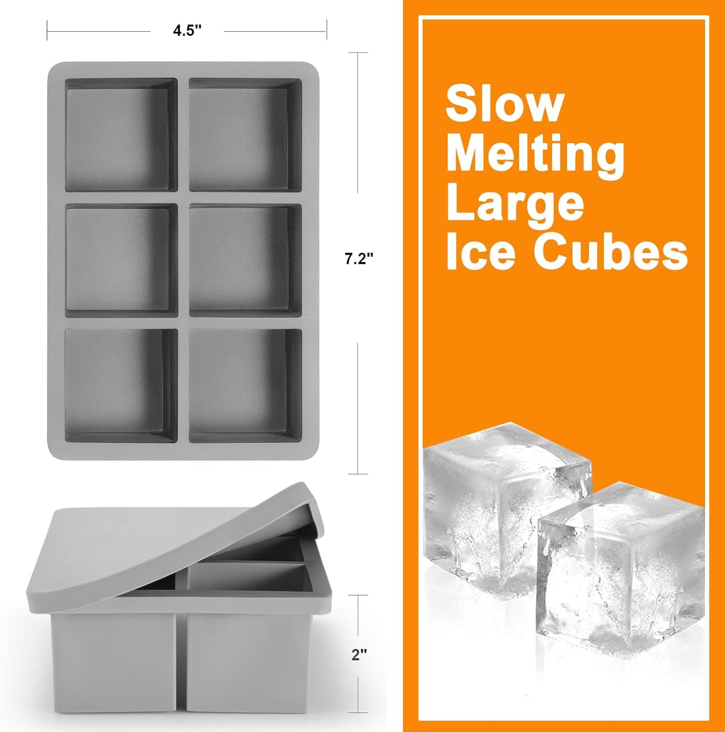 Nax Caki Silicone Large Ice Cube Trays with Lid Pack of 4, Stackable Big Square Ice Cube freezer Molds for Whiskey Cocktails Bourbon Soups Frozen Treats
